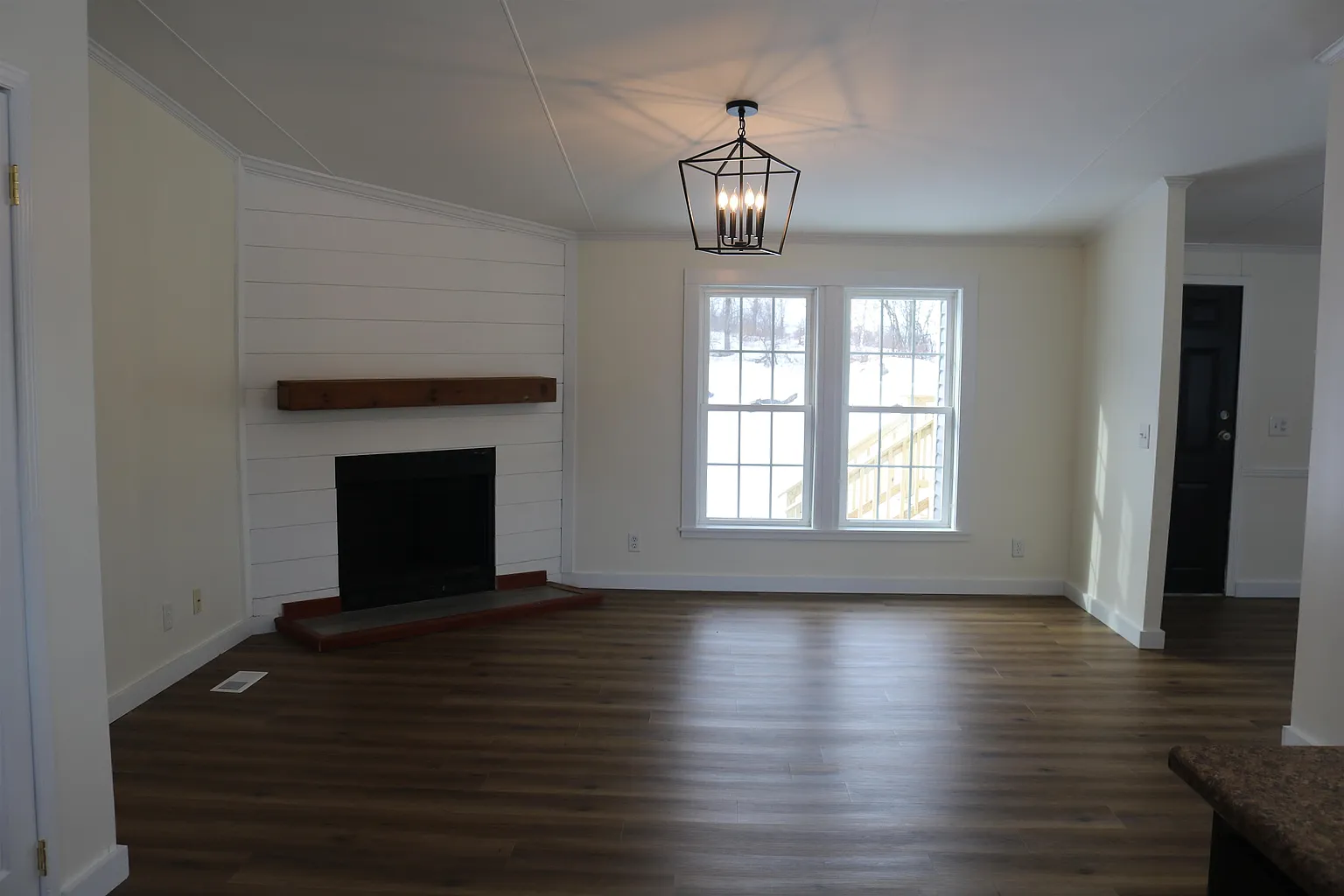 Living room and fireplace view