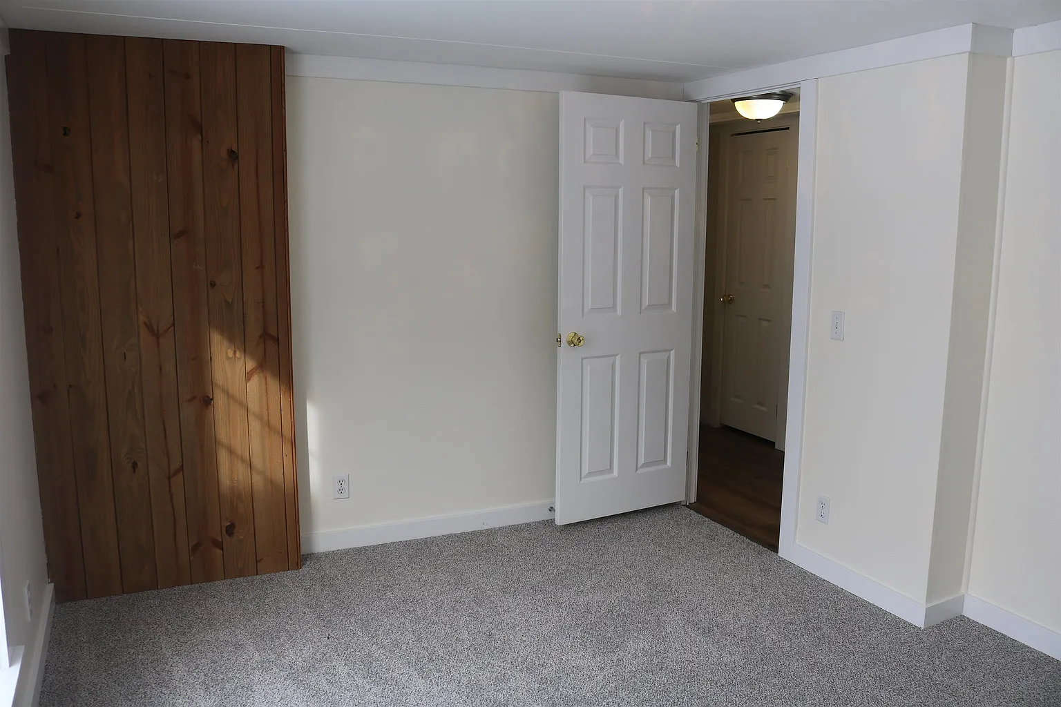 Carpeted room with wood accent wall